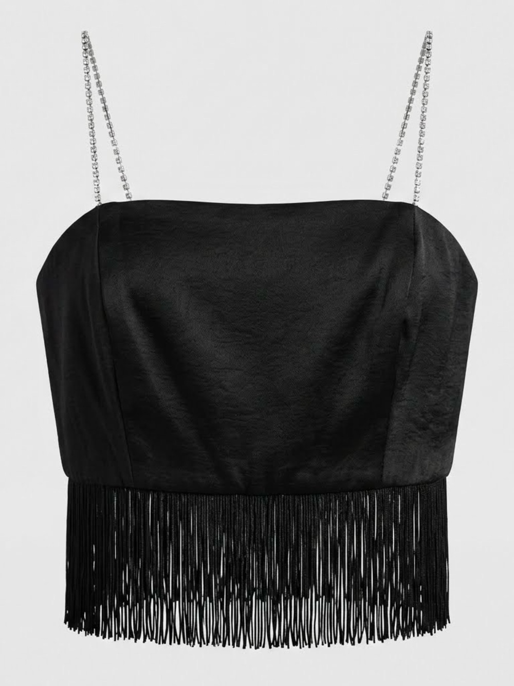 Black Fringe Cropped Corset Top Rhinestone Straps Glam Goth Festival Party US 8